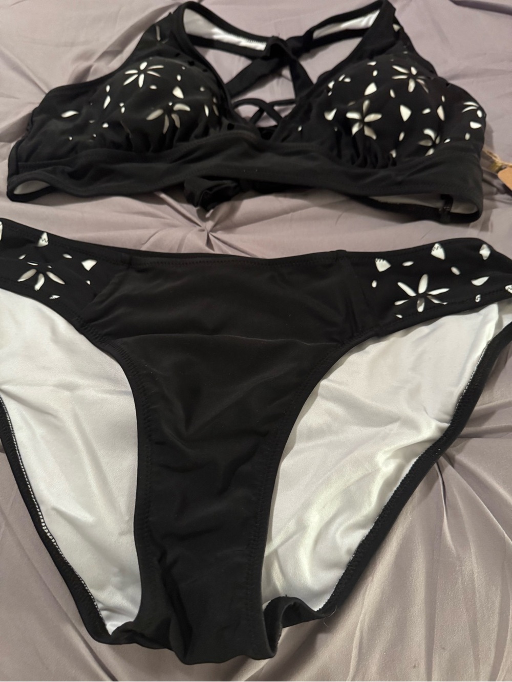 RIHOAS Black Laser-Cut Floral Two-Piece Swim Bikini